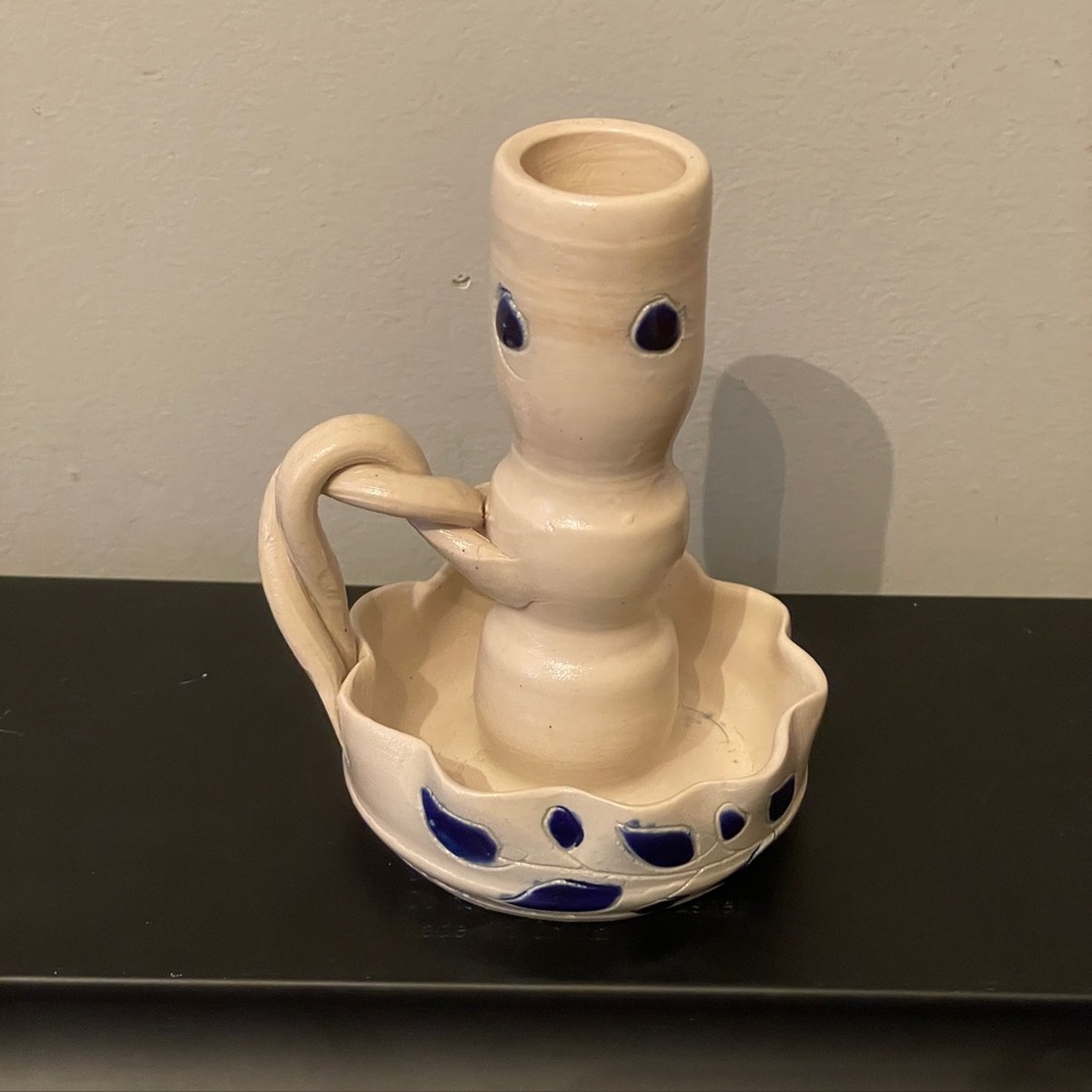 Handmade Salt Glazed Cobalt Candlestick Holder,”Williamsburg Style”Unmarked